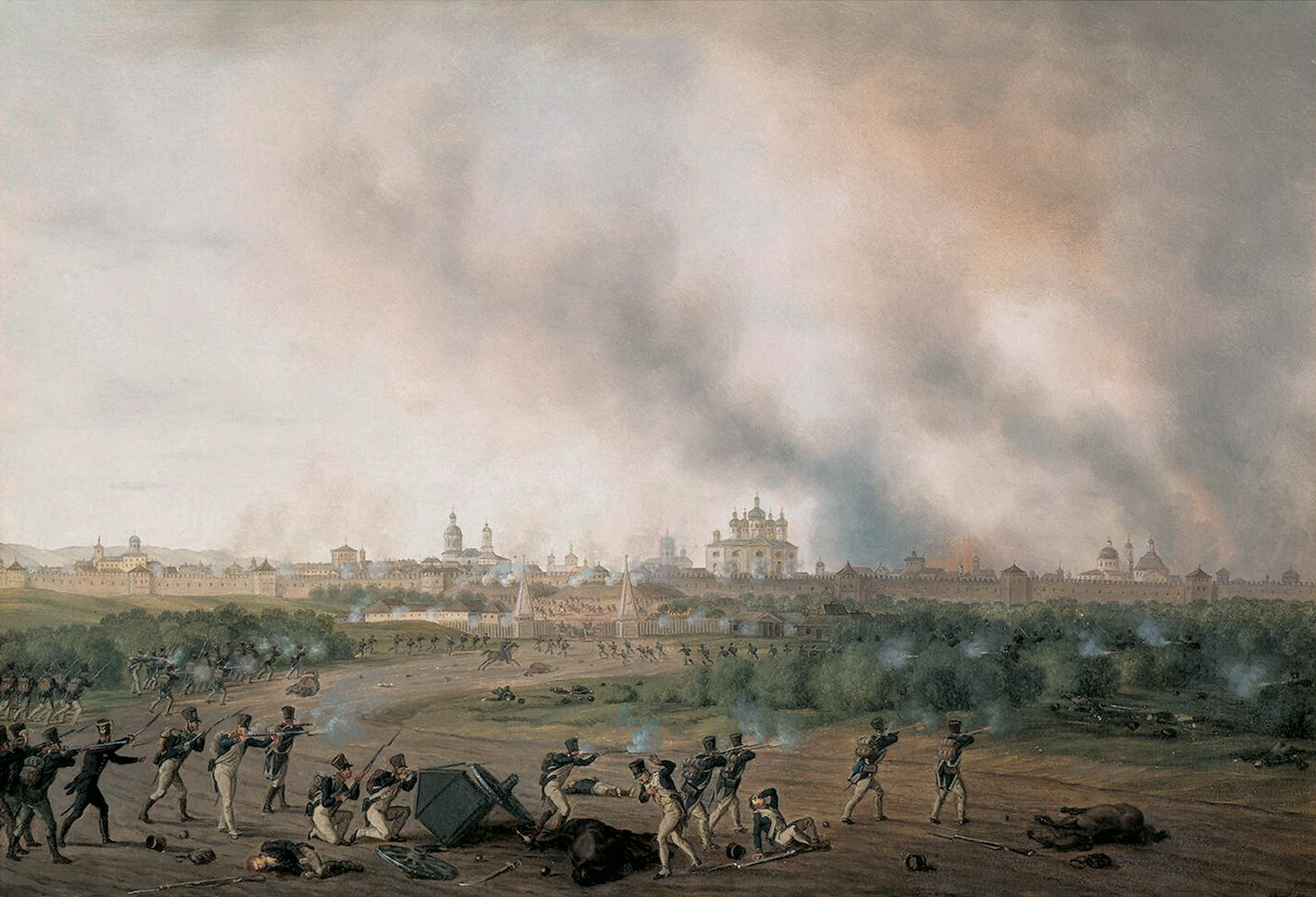 Битва за Смоленск 18 августа 1812 г. Раскрашенная литография по рисунку А. Адама.