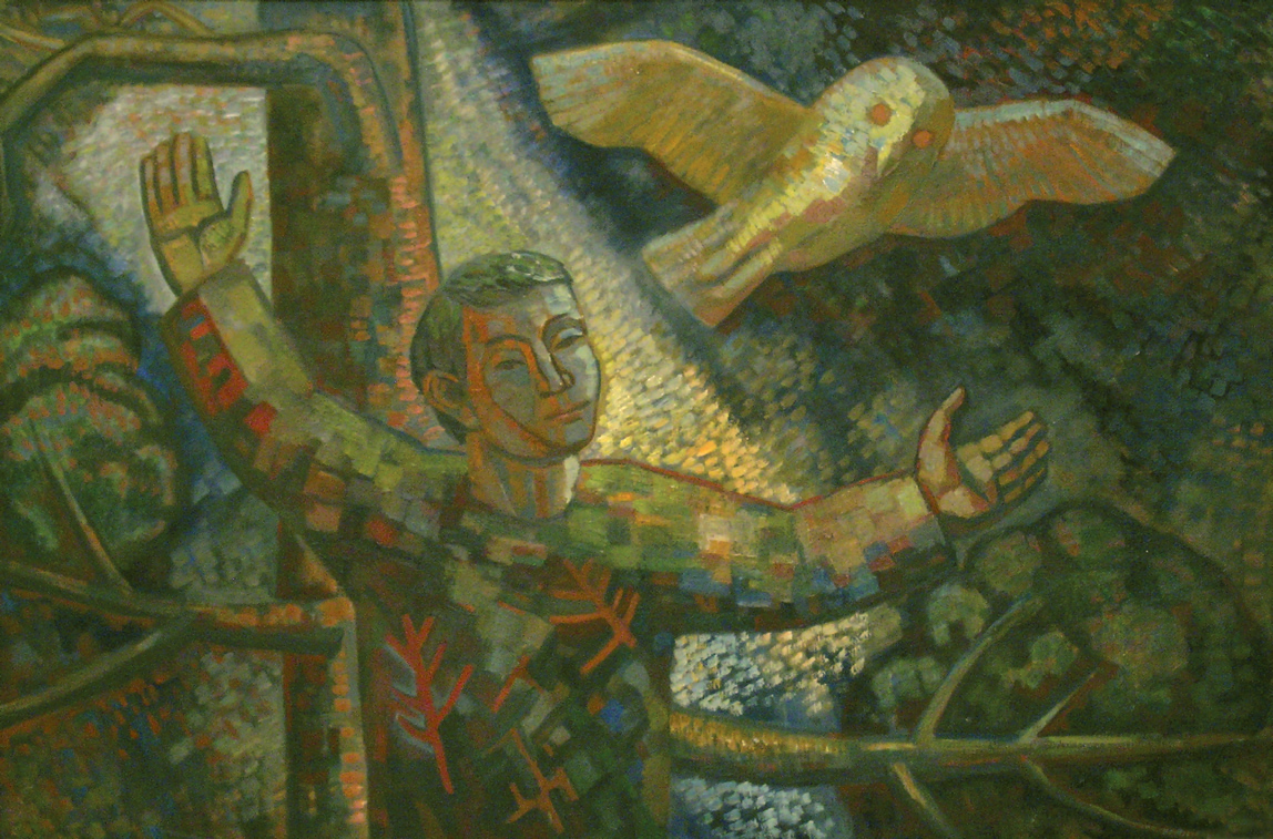 Лунная ночь. Мальчик. Сова. Дерево