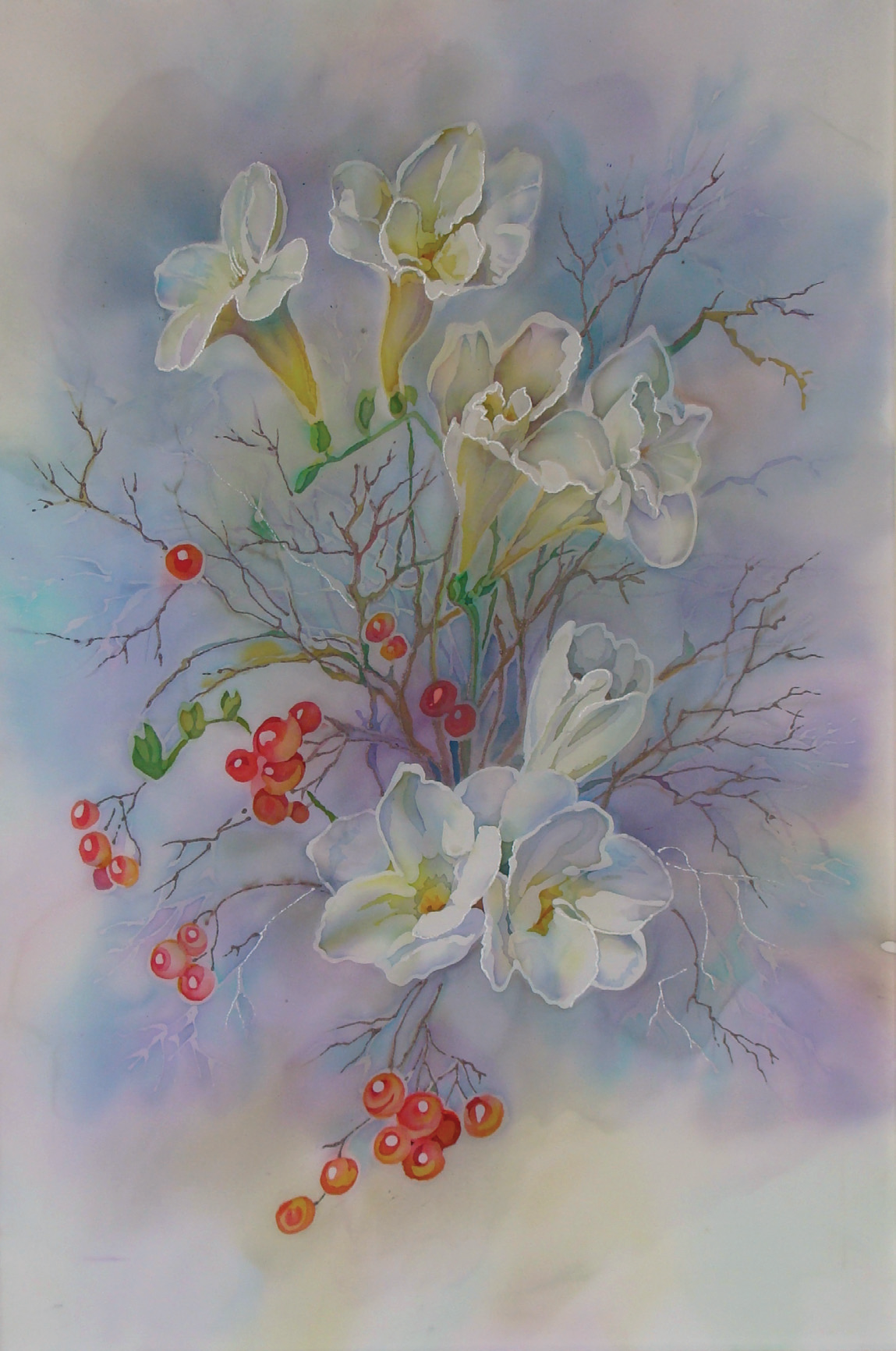 О. Алейникова. Орхидеи и калина. 2005. Шелк. Горячий батик. 44х33
