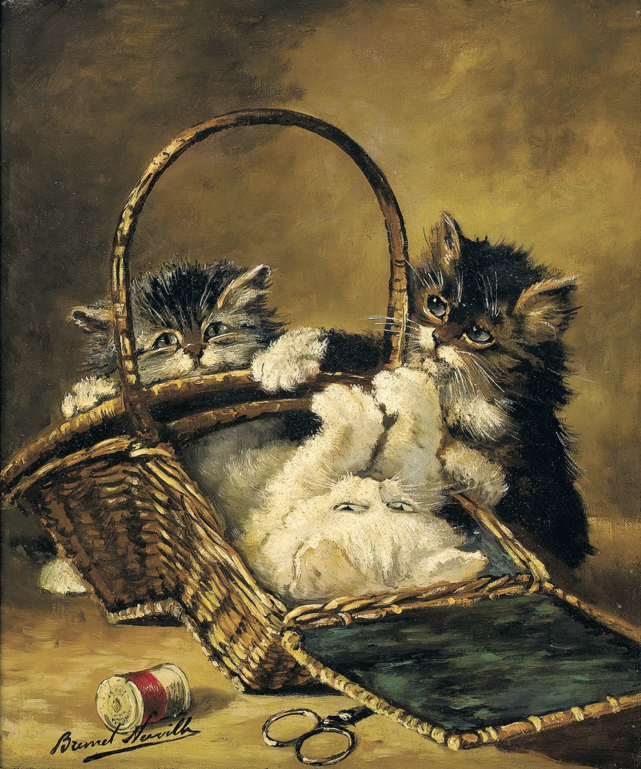 Фотография Три котенка, играющие с корзиной для шитья